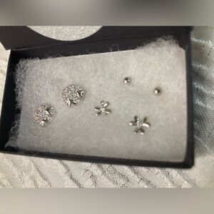 Antian Accessories™ 3 Pair Silver Stud Earrings Set – Crystal, Flower & Ball